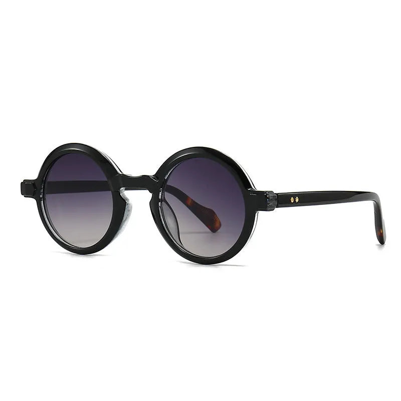 European American retro artistic round sunglasses with black frame and gray lenses, full-frame plastic design