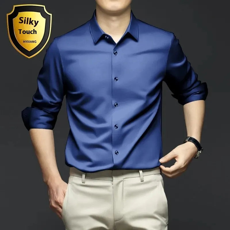 Business high-end ice silk shirt cardigan with lapel collar, slim fit, long sleeves, solid colour, polyester fabric