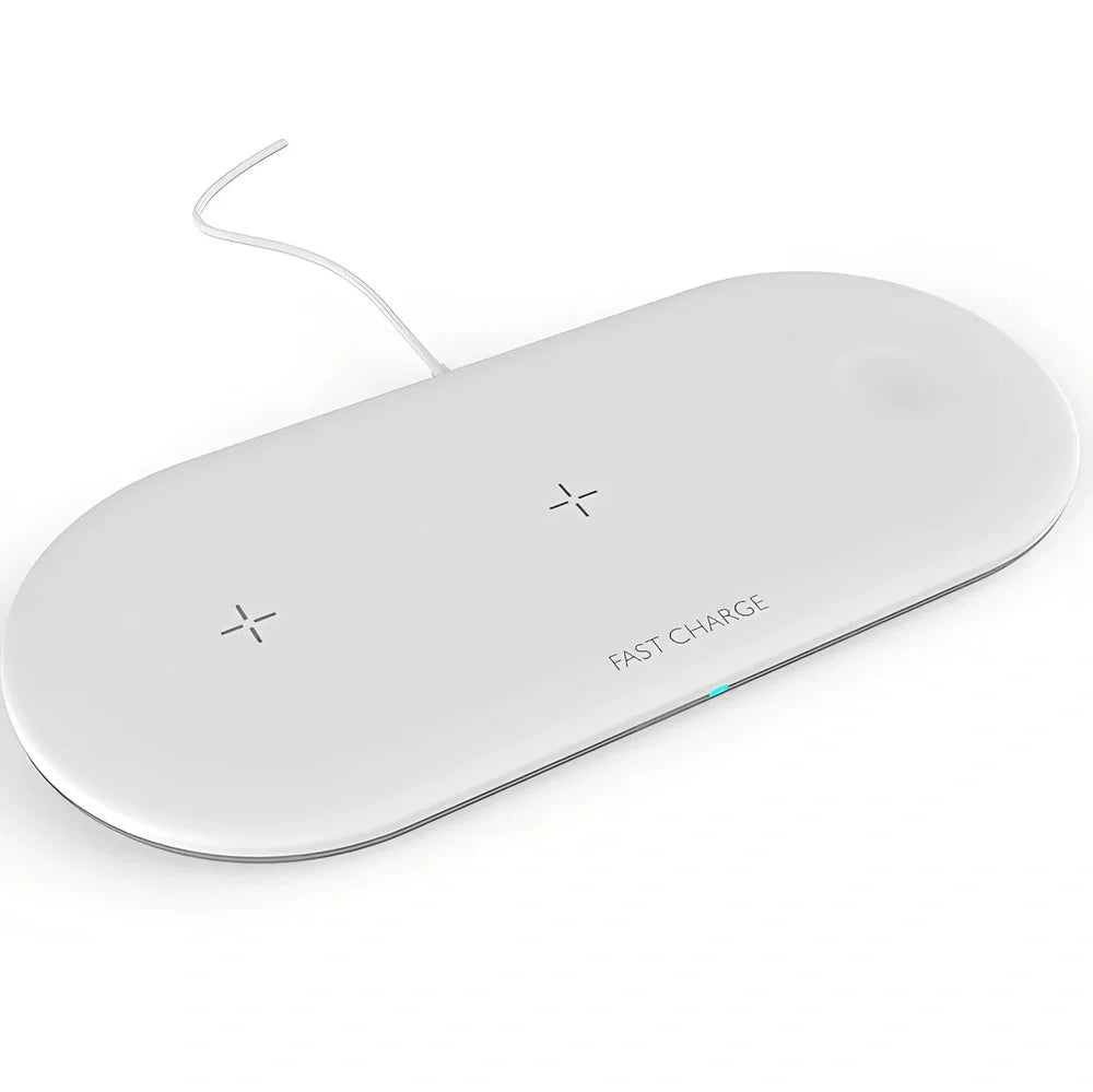 Black three-in-one wireless charger for iPhone at 10W, AirPods and Apple Watch at 5W, Qi standard with rubber base