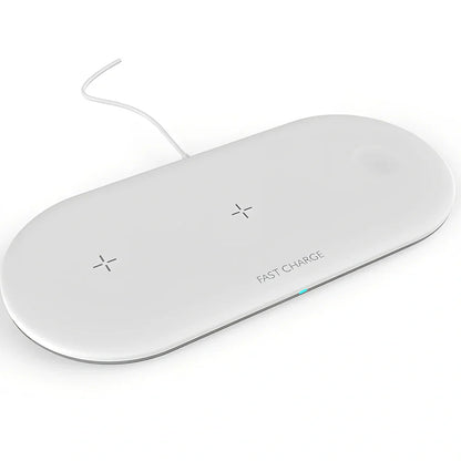 Black three-in-one wireless charger for iPhone at 10W, AirPods and Apple Watch at 5W, Qi standard with rubber base