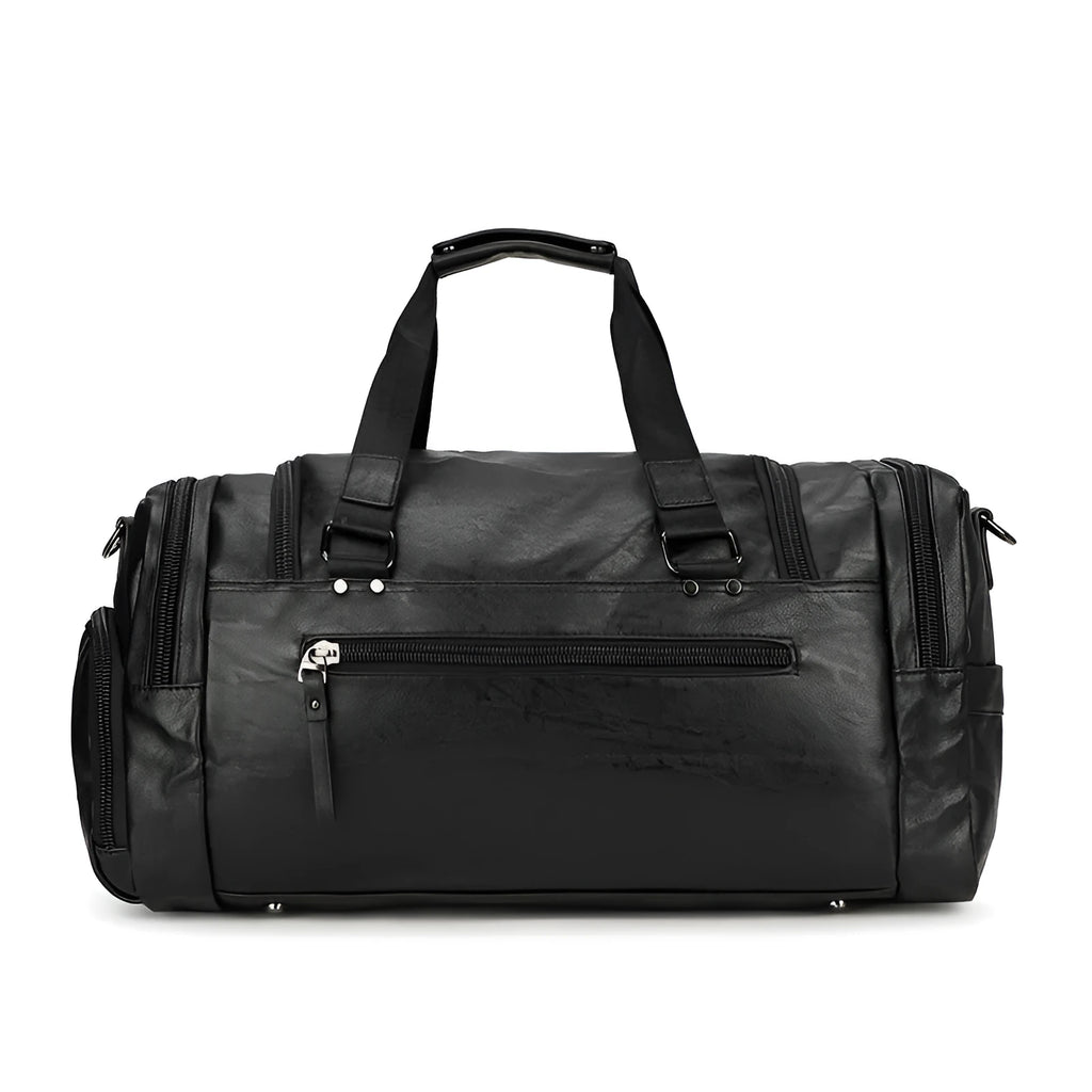 Black waterproof PU travel bag with a separate shoe compartment, shown with dimensions 52cm x 19cm x 27cm.