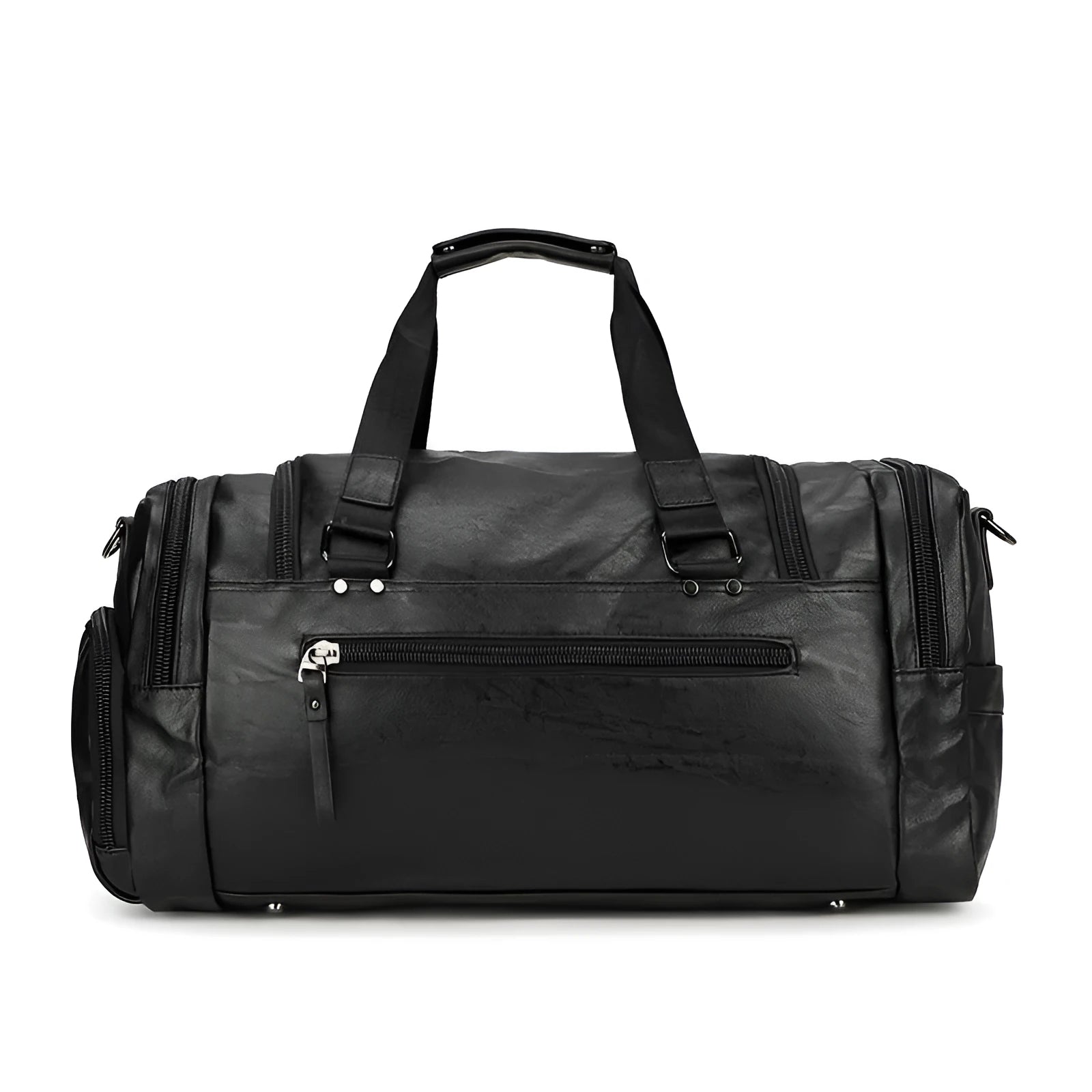 Black waterproof PU travel bag with a separate shoe compartment, shown with dimensions 52cm x 19cm x 27cm.