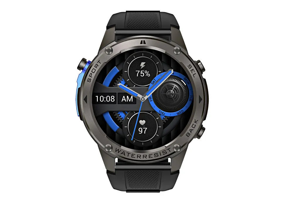 Black smart watch with AMOLED screen showing outdoor compass and heart rate data on wrist