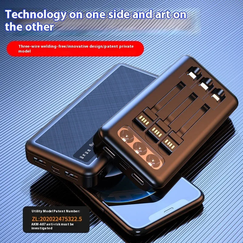 Black power bank with PVC shell, detachable cable, and light display showing battery level