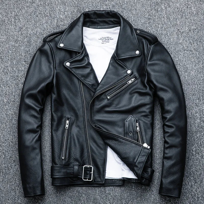 Pure cowhide biker's leather jacket in black with front zip and snap collar, full-length sleeves, polyester lining