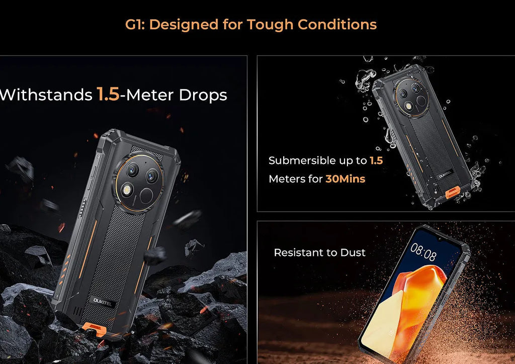 OUKITEL G1 mobile phone in grey, green and orange colours with charger and manual