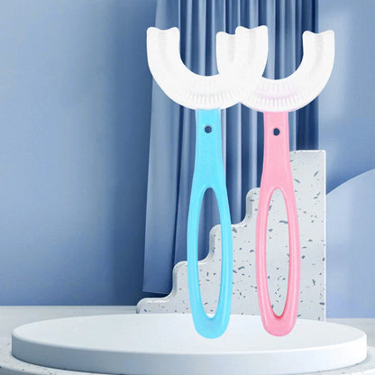 U-shaped children's soft rubber toothbrush in various colors including pink, blue, and long options