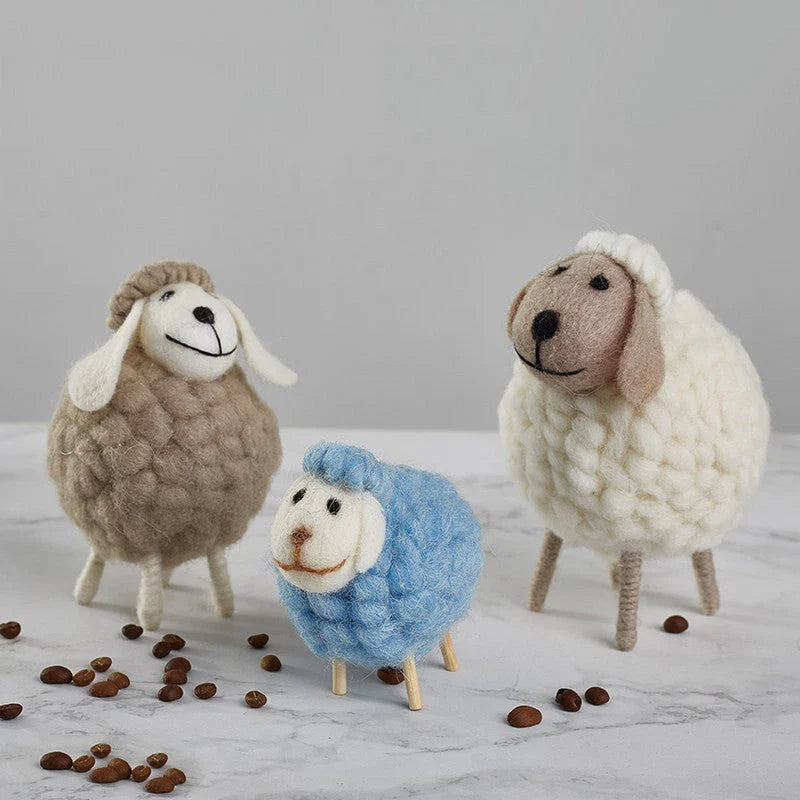 Adorable felt sheep miniature figurines in various colours and sizes for home decoration