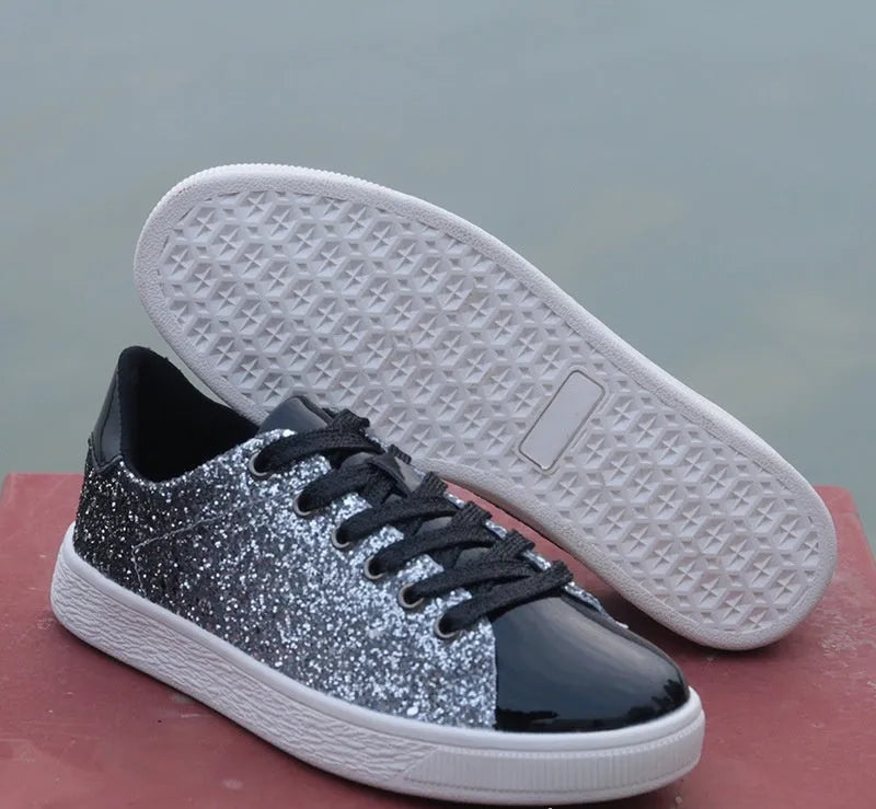 Women's black, pink, and gold sequined casual lace-up shoes with a round toe and leather lining.