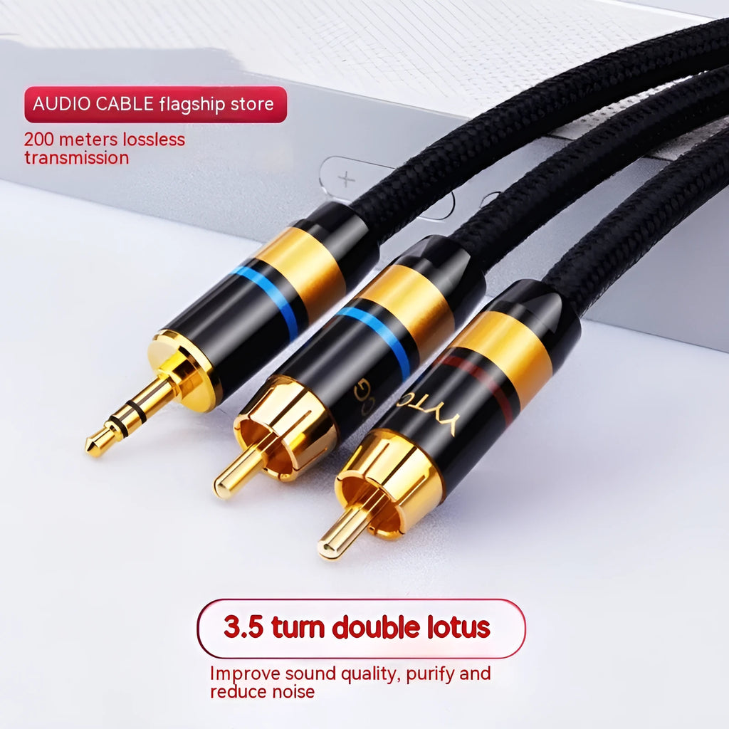 3.5mm to 2RCA computer audio cable with PVC cotton net sheath, available in multiple lengths