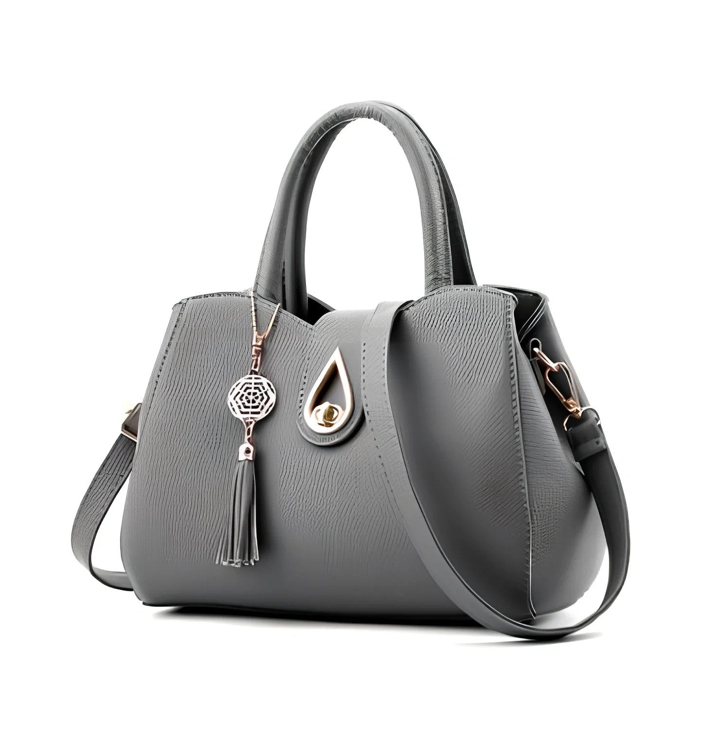 Women's litchi pattern PU leather tote bag with zipper closure and adjustable shoulder strap showing internal pockets