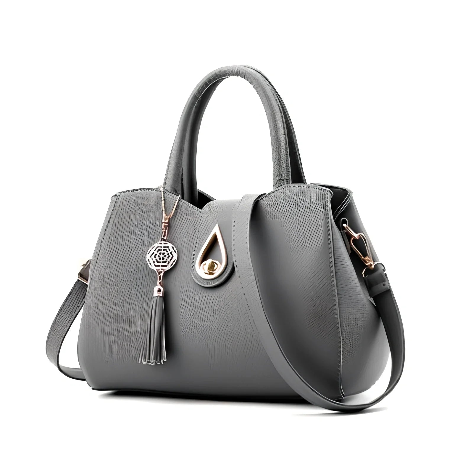 Women's litchi pattern PU leather tote bag with zipper closure and adjustable shoulder strap showing internal pockets