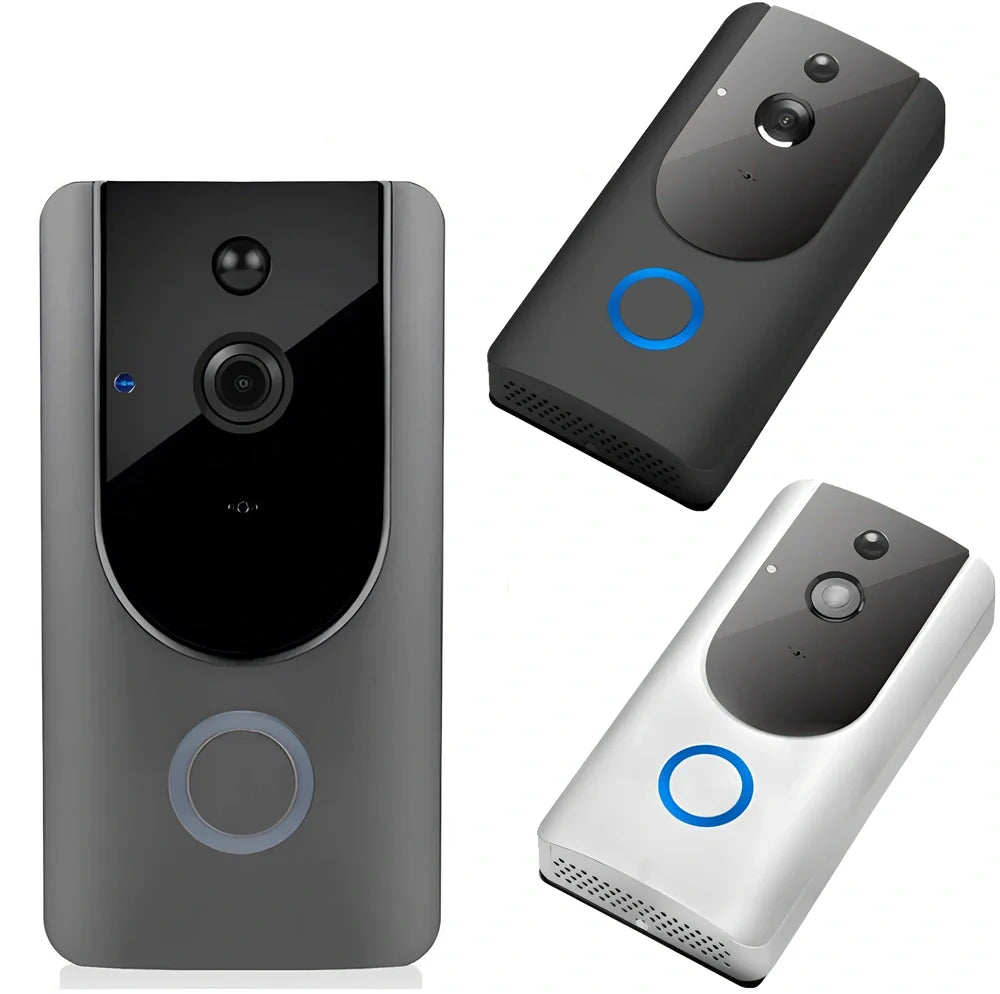 Grey WiFi video doorbell camera with 720P lens, 166° angle, PIR motion detection and chime for home security