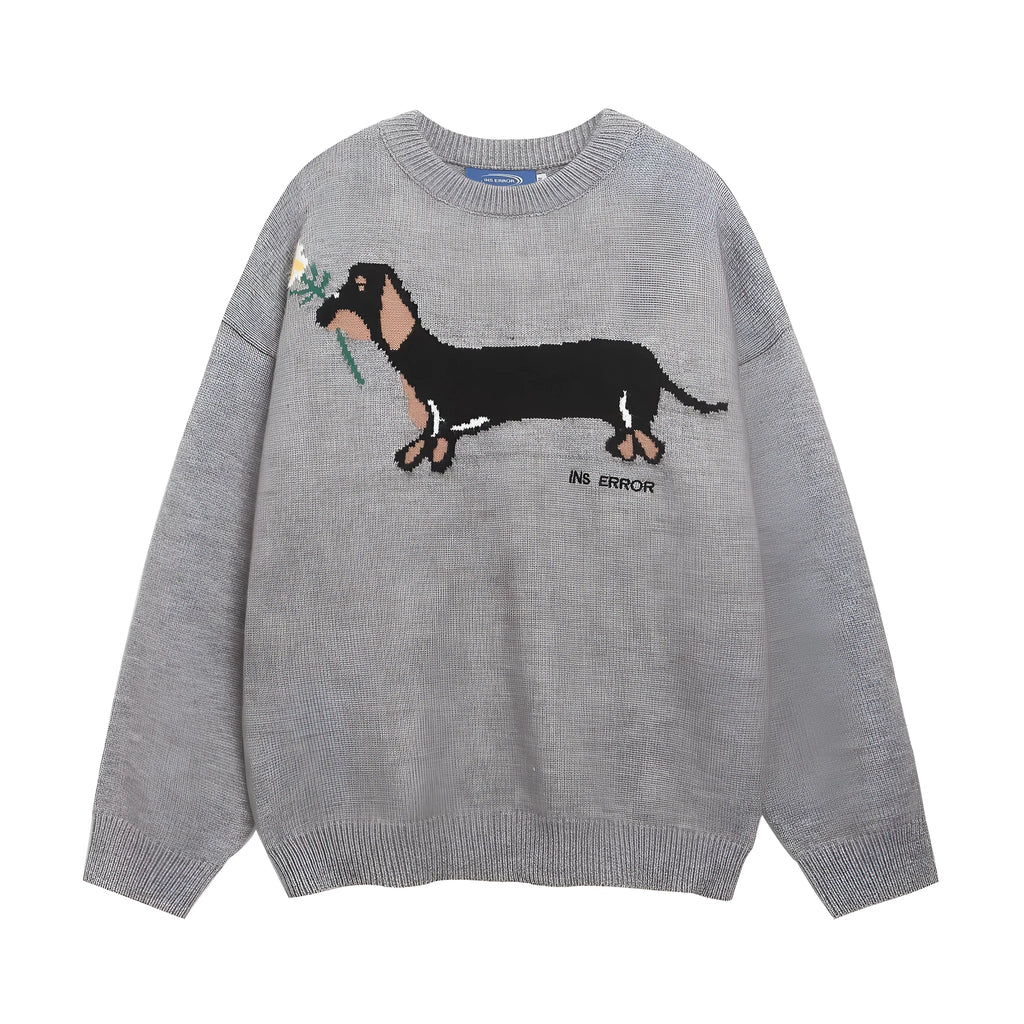 American retro sausage puppy jacquard round neck sweater pullover in gray, loose fit acrylic casual top for teenagers