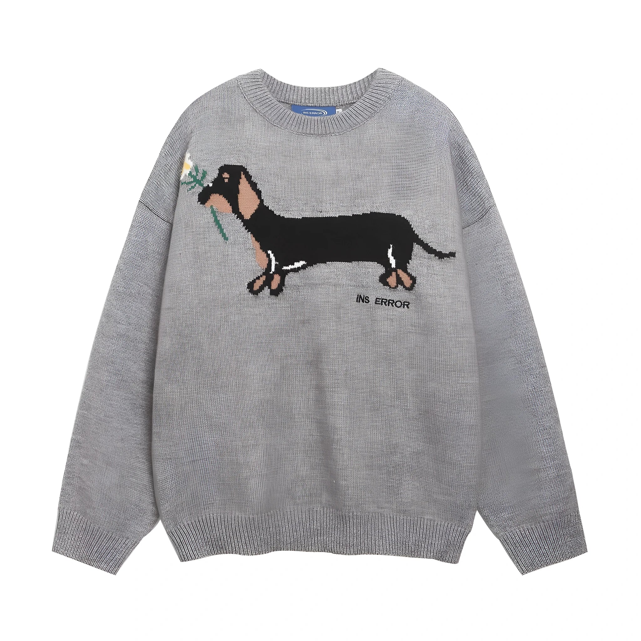 American retro sausage puppy jacquard round neck sweater pullover in gray, loose fit acrylic casual top for teenagers