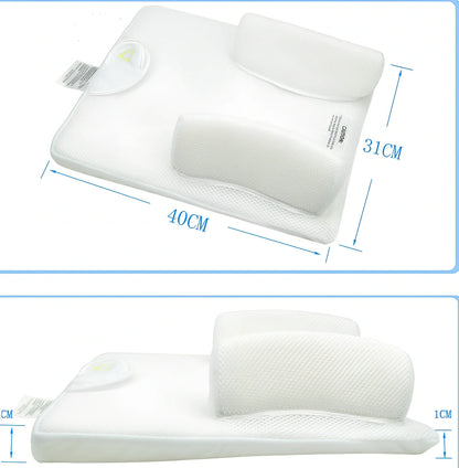 White baby sleep positioning pad with curved armrest and elevated head section
