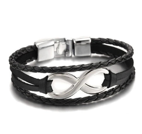 Lucky figure 8 leather bracelet in geometric design available in black, brown, and black with accessories