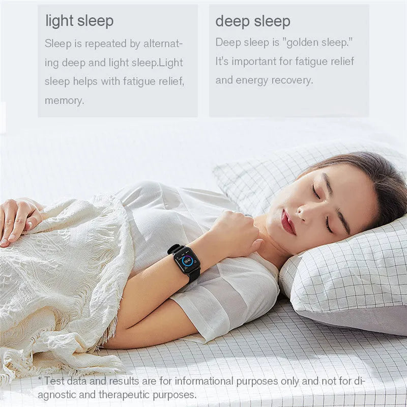 Black waterproof smart bracelet with 1.4-inch screen and silicone strap on a wrist