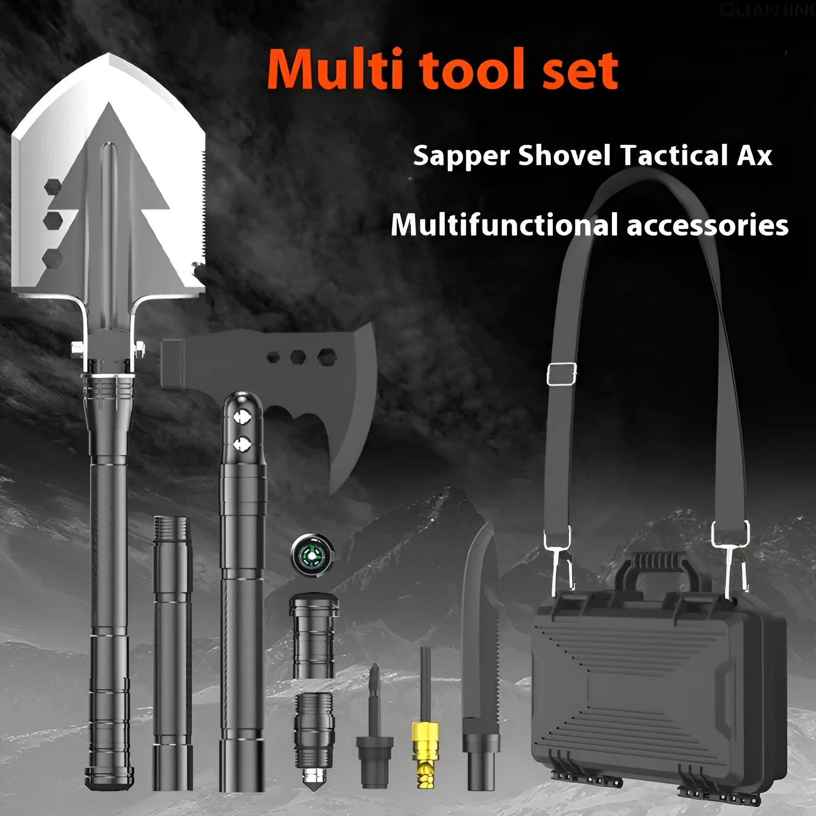 Black multifunctional military shovel set with axe, knife, and accessories, showing 80cm length and storage suitcase.