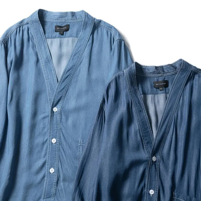 Men's dark blue denim coat with V-neck and three-quarter sleeves