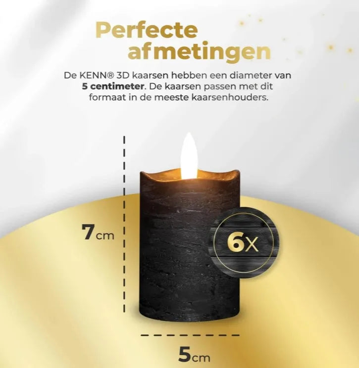 Black S6 LED pillar candle standing upright, showing its 5 cm diameter and 7 cm height.