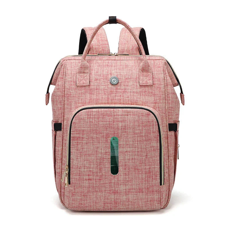 Sterilizing mother and baby bag in pink, black, and dark grey with milk bottle compartment