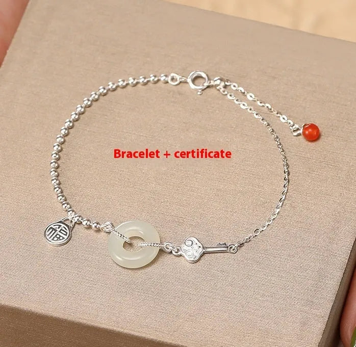 Women's Hetian jade bracelet in 925 silver with peace buckle charm, geometric Chinese style design