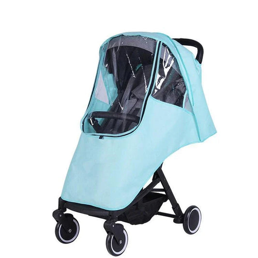 Universal baby stroller cover in blue, gray, and pink options