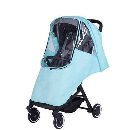 Universal baby stroller cover in blue, gray, and pink options