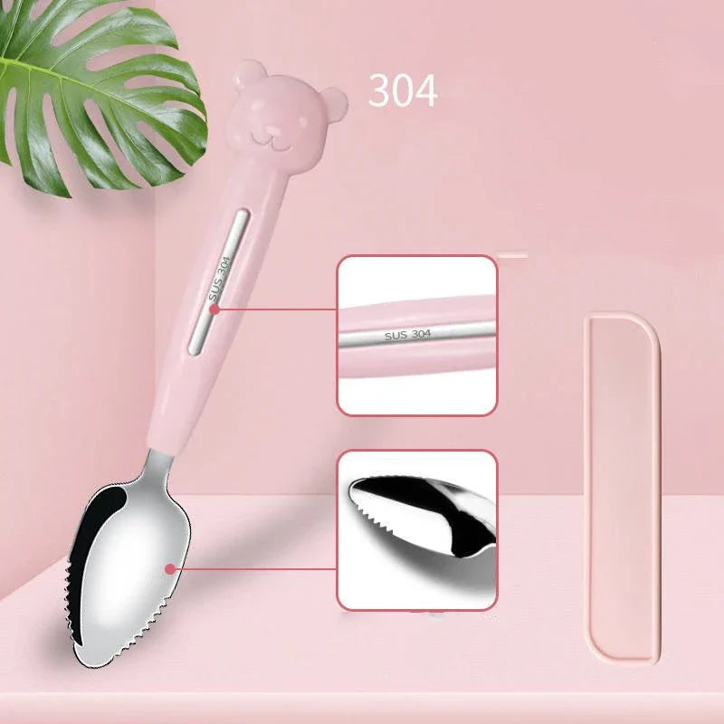 Stainless steel sawtooth scraping spoon for grapefruit and desserts in sky blue, cherry pink, and mint green