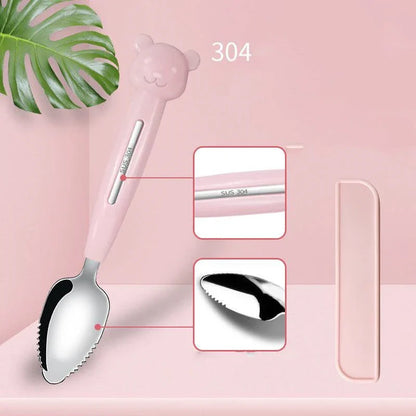 Stainless steel sawtooth scraping spoon for grapefruit and desserts in sky blue, cherry pink, and mint green