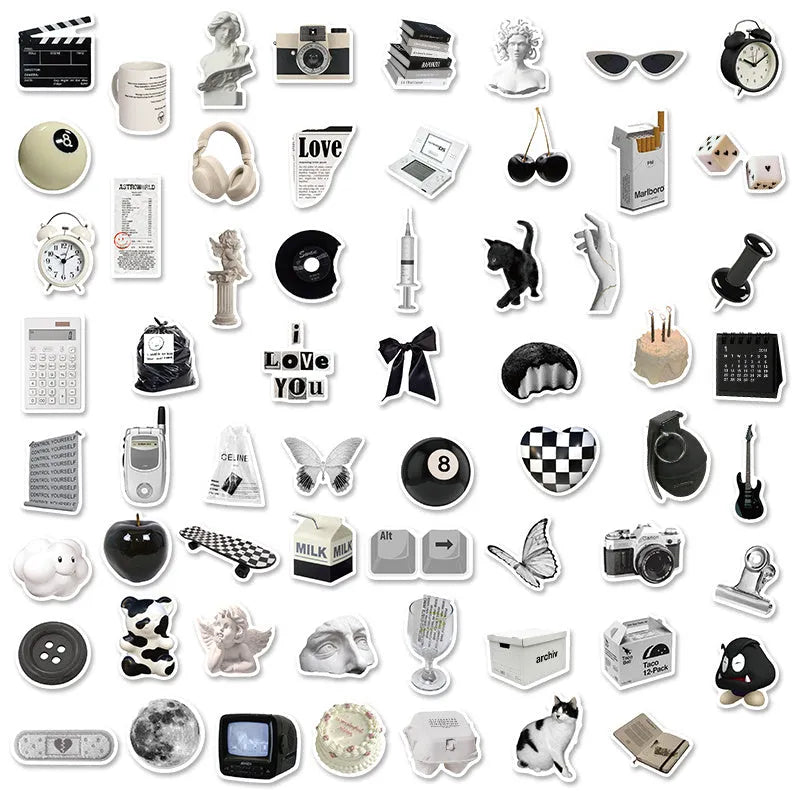 61 black and white waterproof PVC vinyl stickers for laptop and drink bottle personalisation.