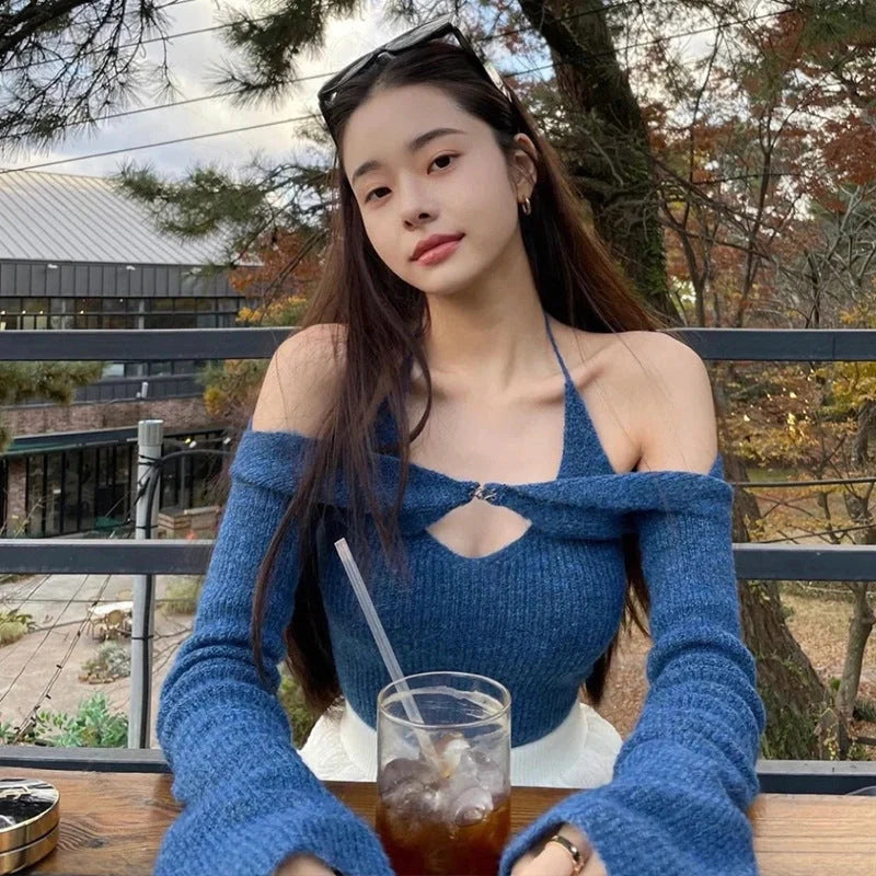 Off-shoulder knitted sweater for women in black, blue, and apricot