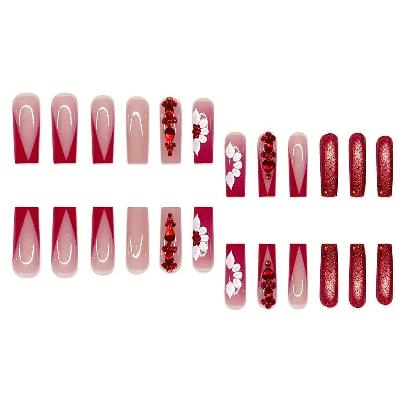 Sweet Flowers pattern fake nails with red diamond accents, European square long shape