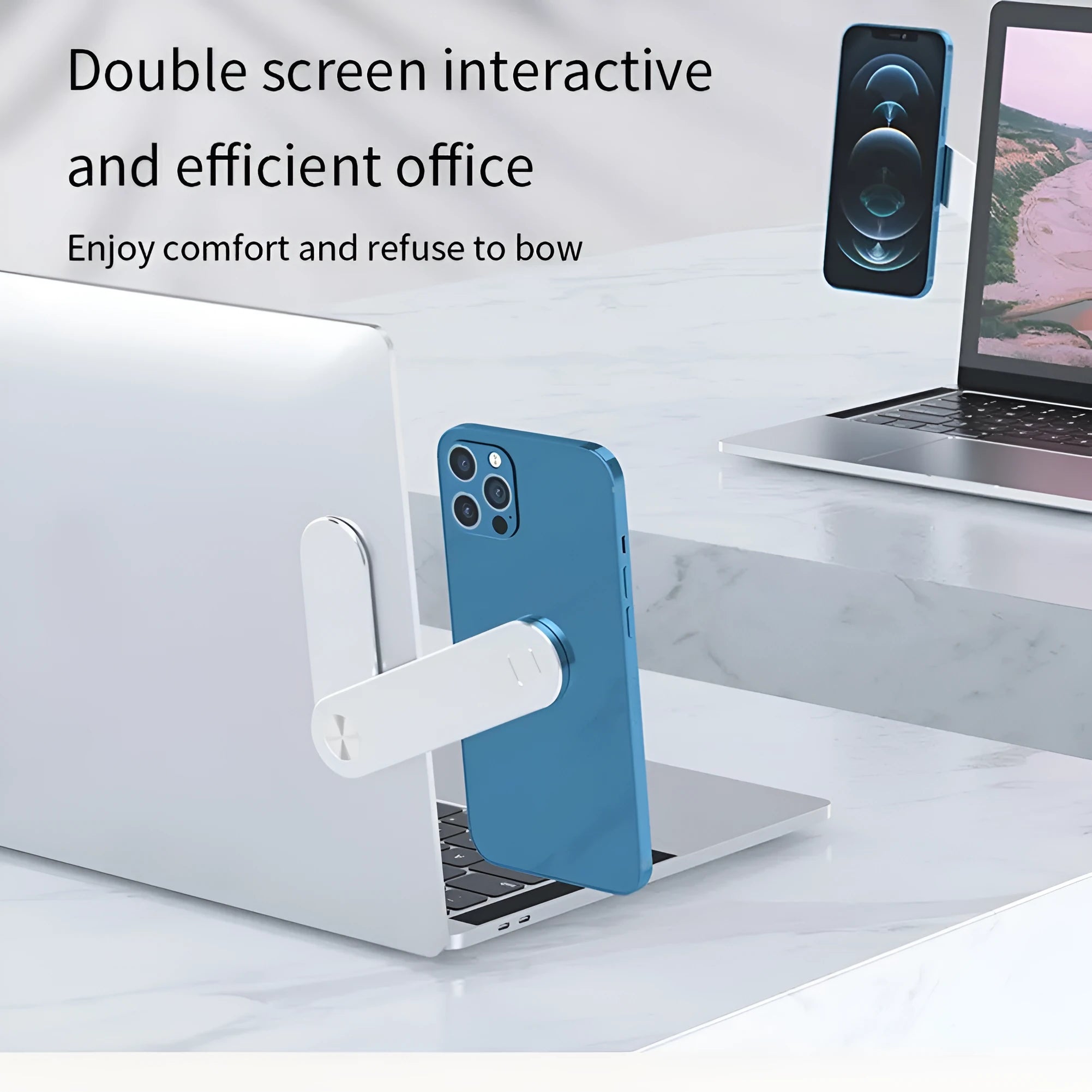 Black aluminium laptop phone holder mounted beside laptop screen showing dual-screen setup