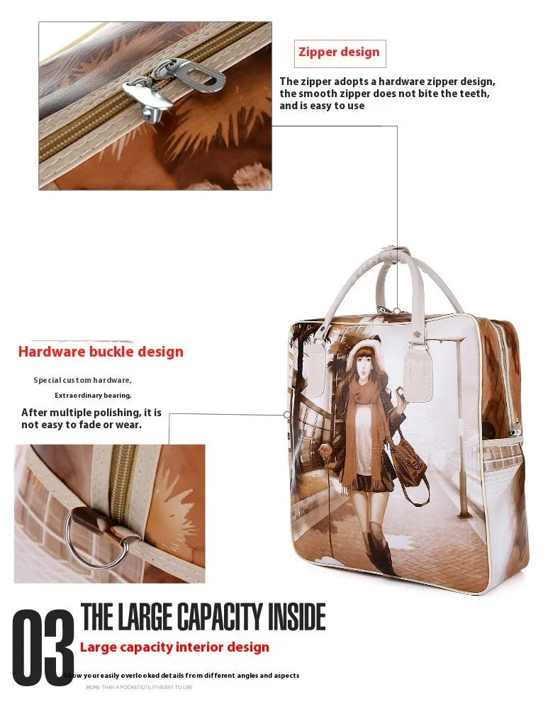 Medium blue college style waterproof travel bag with PU leather exterior and decorative splicing design