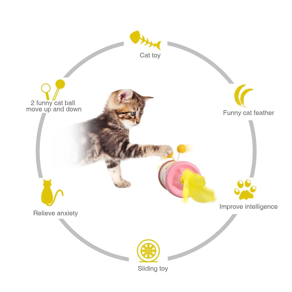 Cat toy stick pole with feather tumbler ball in multiple colour options