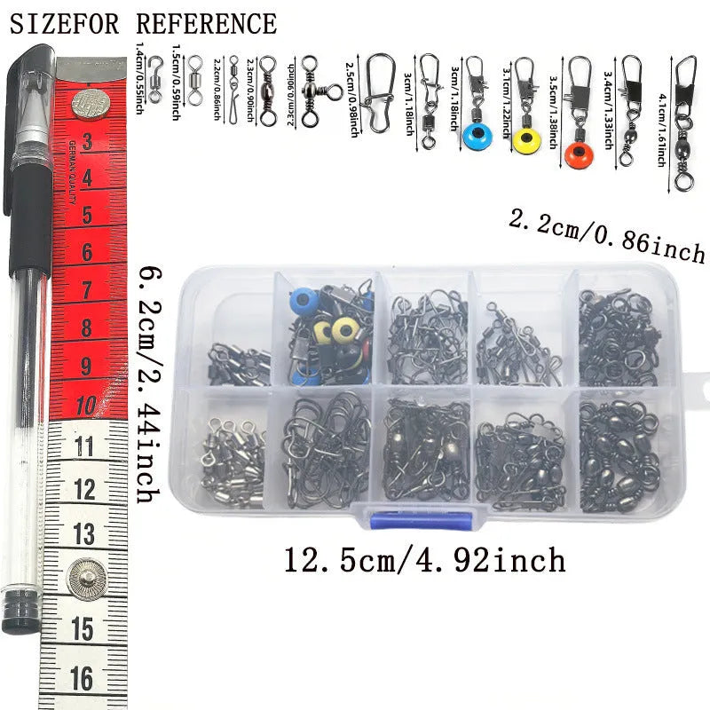 Boxed set of 115 fishing connector swivels with rotating sea bean design in plastic and stainless steel