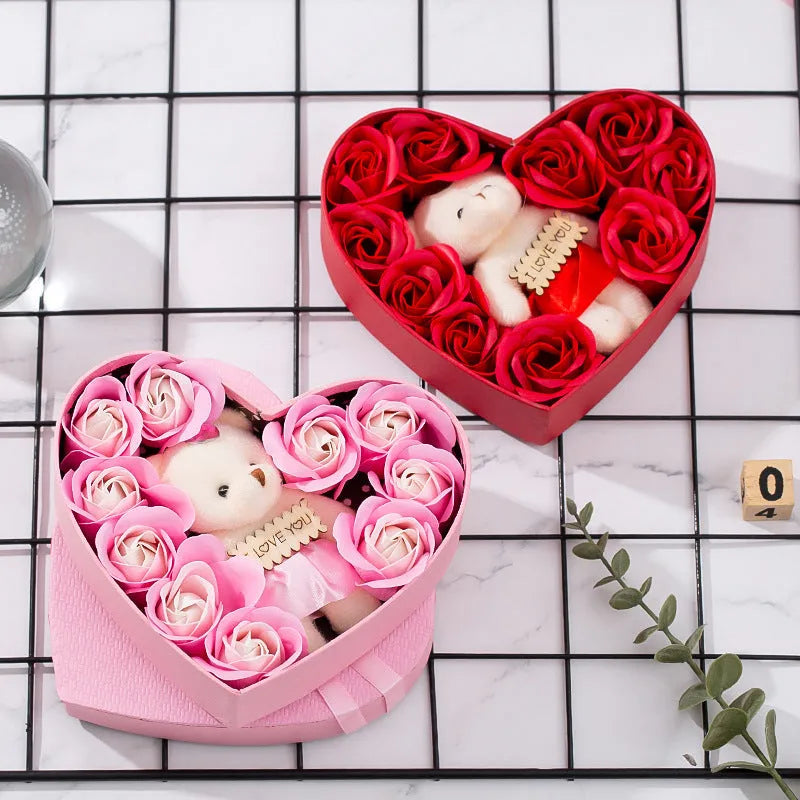 Red heart-shaped gift box with rose-shaped soaps for Valentine's Day or Christmas gifting