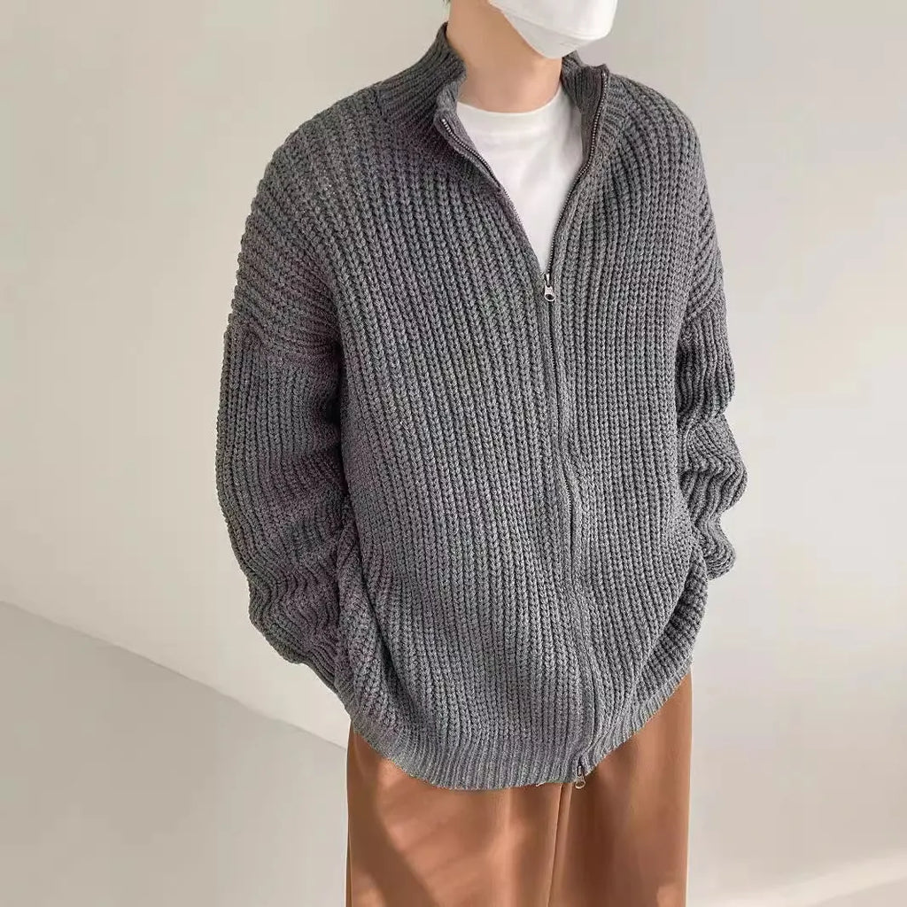 Men's half turtleneck cardigan sweater coat in green, loose fit, solid colour polyester knit for spring autumn