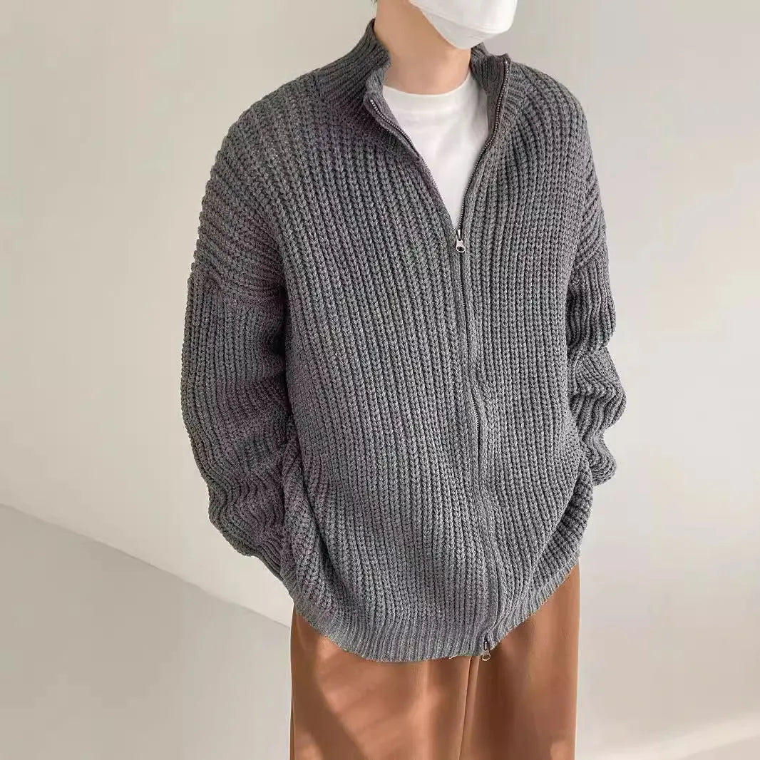 Men's half turtleneck cardigan sweater coat in green, loose fit, solid colour polyester knit for spring autumn