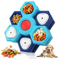Blue plastic 4-layer slow feeder puzzle dog bowl with non-slip base assembled on a flat surface