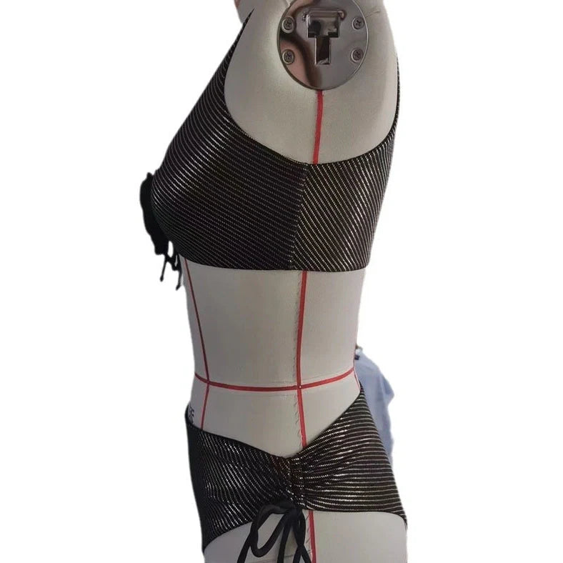 Black women's triangle swimsuit with adjustable ties and lined construction for swimming