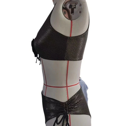 Black women's triangle swimsuit with adjustable ties and lined construction for swimming