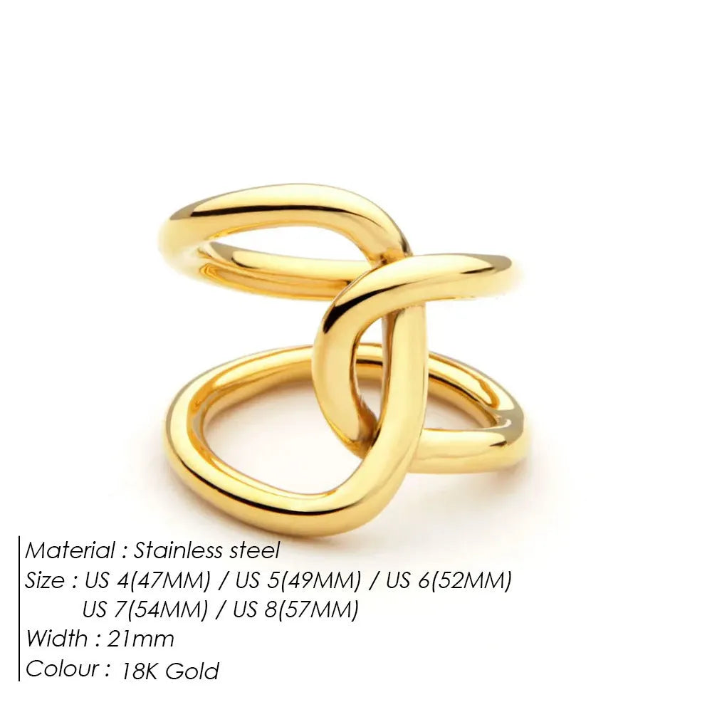 A stainless steel adjustable ring with a knotted detail on a U-shaped geometric band.