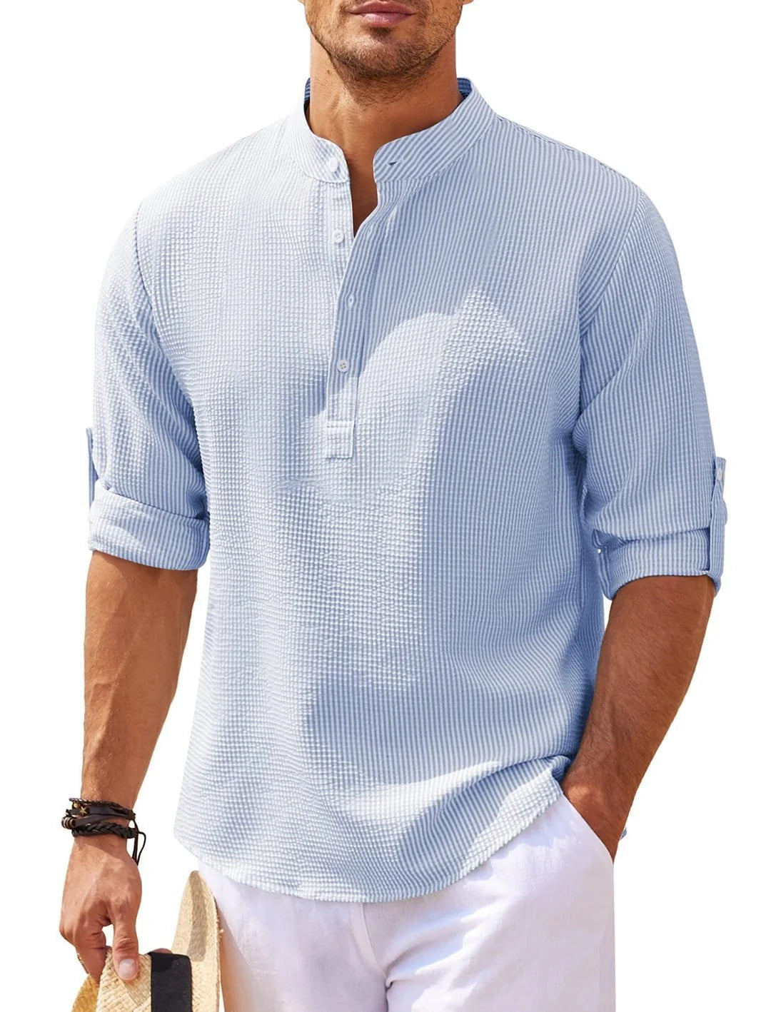 Men's stand collar cotton blend shirt in various colours and sizes for autumn wear