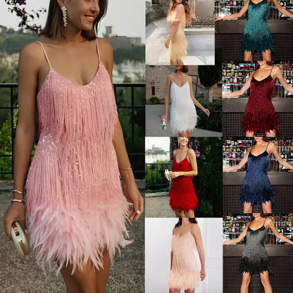 Women's beige tassel sequins feather mini dress, V-neck A-line in lace, 85cm length for summer evenings