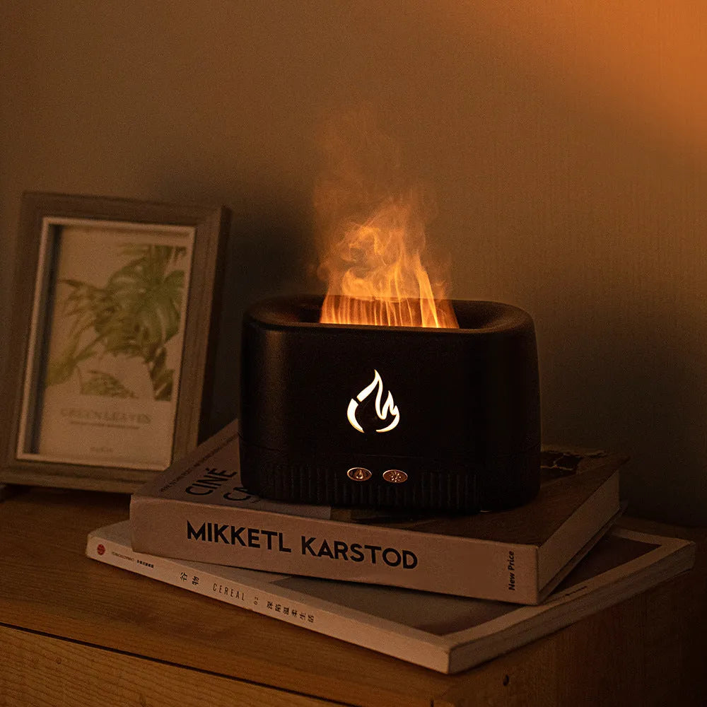 Simulated flame aromatherapy humidifier in Black with 200ml tank, ABS construction, and USB power