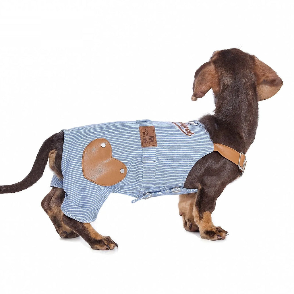Blue polyester pet traction denim suspender pants for small dogs with adjustable straps