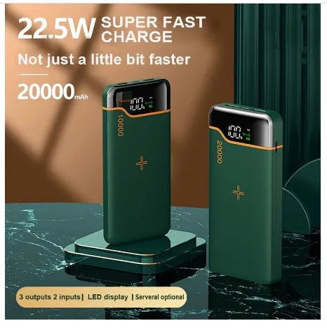 Portable power bank 20000mAh with 22.5W fast charging and 15W wireless charging in retro green colour